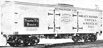 A rare double-door refrigerator car utilized the "Hanrahan System of Automatic Refrigeration" as built by ACF, circa 1898. The car had a single, centrally located ice bunker which was said to offer better cold air distribution. The two segregated cold rooms were well suited for less-than-carload (LCL) shipments