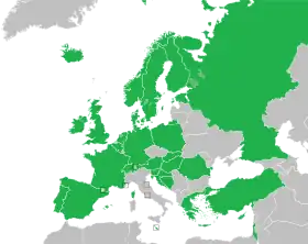 Map of countries in Europe, North Africa and Western Asia showing boundaries in 1994; contest participants in 1994 are coloured in green
