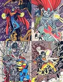 Clockwise from top left: A visored alien resembling Superman floating in front of a statue; a man wearing metallic, Superman-inspired armor saving a dark-haired women from black-suited men with guns; a young boy resembling Superman, wearing a black leather jacket and sunglasses, breaking through a brick wall with a woman in his arms; and a cyborg version of Superman.