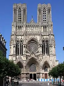 A photograph of the Reims Cathedral, an example of French Gothic architecture