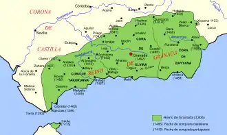 Map of the southern Spain, with territories of Granada marked in green