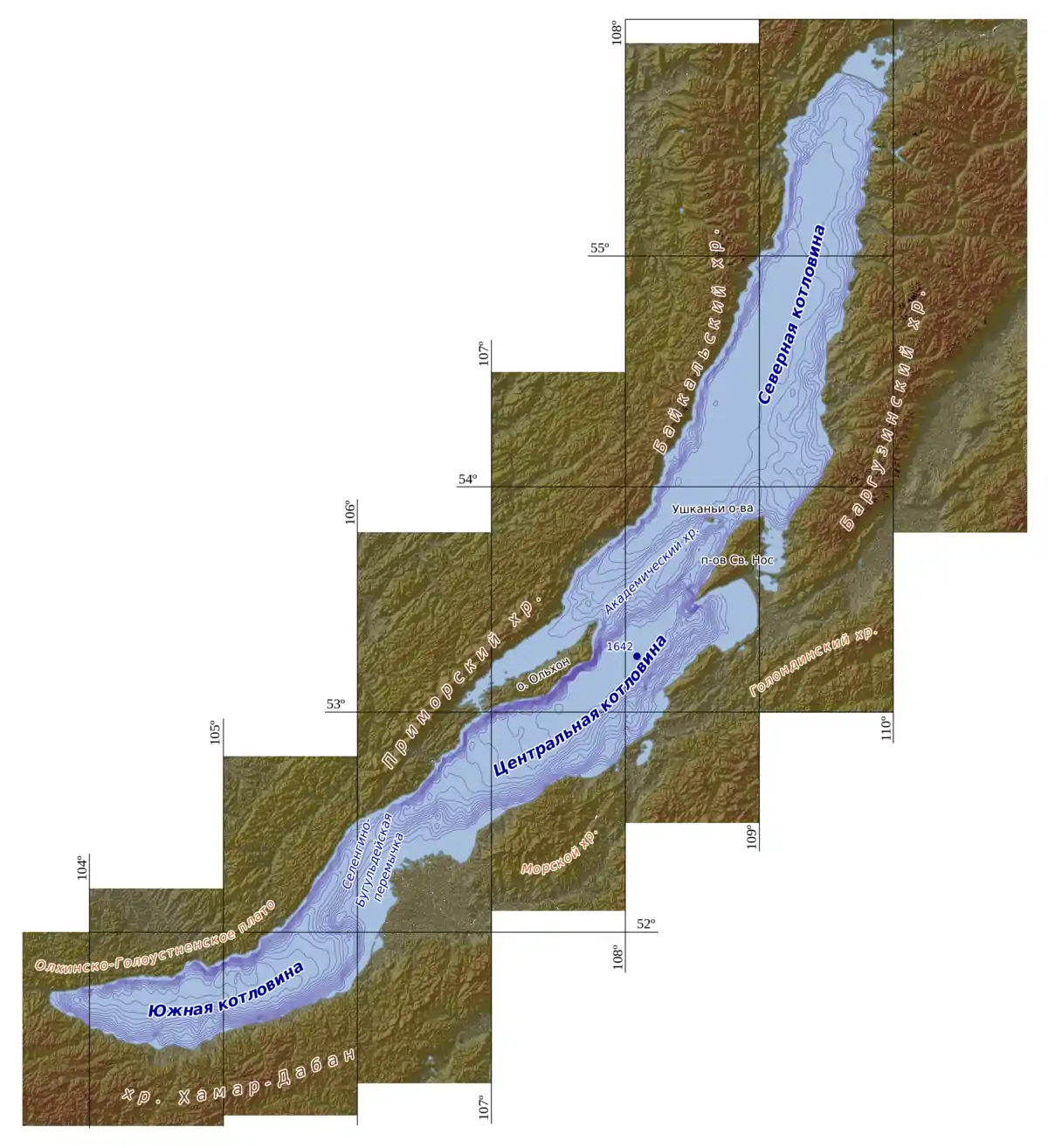 The submerged portion of Academician Ridge connects the Ushkany Islands (upper right just west of the Svyatoy Nos peninsula) with Olkhon Island (lower left).  Click to see full lake relief map.