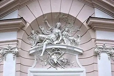Rococo relief of Diana with two putti above the entrance of the Amalienburg, Munich, Germany, designed by François de Cuvilliés, 1734-1739