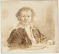 1636, Kupferstichkabinett Berlin, pen and brush in brown ink.  The "highly informal mode of dress", with open shirt, is unique in his self-portraits.