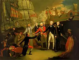 Nelson receiving the surrender of the San José by Daniel Orme, painted 1799