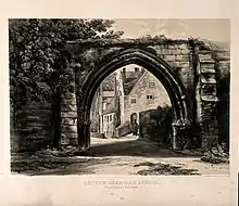 Repton Grammar School, Repton, Derbyshire: gateway. Tinted lithograph by Hullmandel & Walton