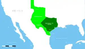 Map of the Republic of Texas. Since the Republic was not recognized by Mexico, its entire territory was disputed. The area that was controlled by the Republic is in dark green while the territory claimed by the Republic but not effectively controlled is in light green.