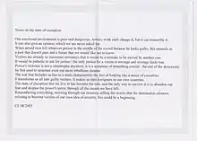 Requiem for Jean Charles de Menezes :  Notes on the state of Exception/ Notes sur l'état d'exception, 2005. Text pile/window announcement with statement:  A5 double-sided photocopies, no copyright.