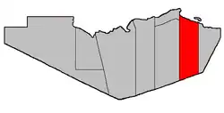 Location within Restigouche County.Heron Island erroneously shown as part of Durham Parish.