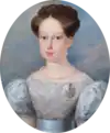Painting showing the head and shoulders of a young woman wearing a lacey blue dress with auburn hair pulled back