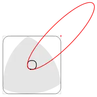 Reuleaux triangle in a square, with ellipse governing the path of motion of the triangle center
