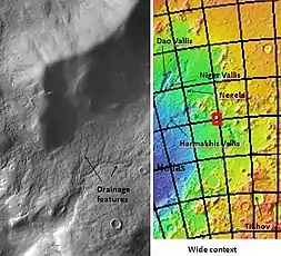 Drainage features in Reull Vallis. Click on image to see relationship of Reull Vallis to other features. Location is Hellas quadrangle.