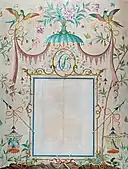 Wallpaper in the chinoiserie style, with a picture frame as its central motif, Rex Whistler