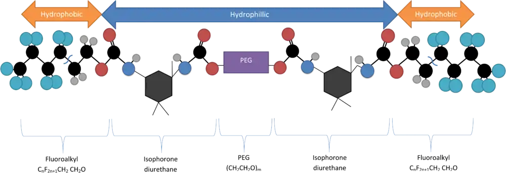 Structure of Rf-Polymer used in hydrogel encapsulation of quantum dots. The figure indicates the hydrophobic and hydrophilic regions of the polymer.