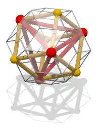 A rhombic triacontahedron with an inscribed tetrahedron (red) and cube (yellow).(Click here for rotating model)
