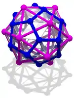 A rhombic triacontahedron with an inscribed dodecahedron (blue) and icosahedron (purple).(Click here for rotating model)