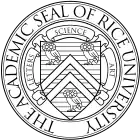 The academic seal of Rice University. A shield divided by a chevron, carrying three owls as charges, with scrollwork saying LETTERS, SCIENCE, ART