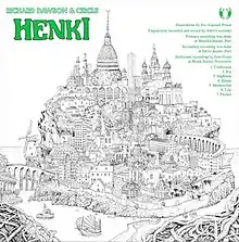 A highly detailed black-and-white drawing of a city. The album's and artists' names, track list, and credits, are printed in green.