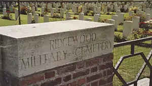 Stone at entrance to Ridge Wood Military Commonwealth War Graves Commission cemetery