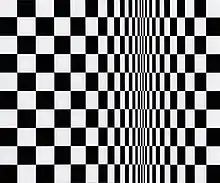 Black and light grey checkered pattern of squares that is horizontally shrunk at one third to the right side of the image