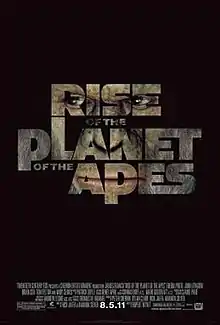 The poster says the title of the film on a black background with one of the apes' faces filling the letters. This also includes release information and credits.
