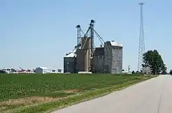 Rising road and the Rising Farmers Grain Company elevator in the southwest corner of section 29.
