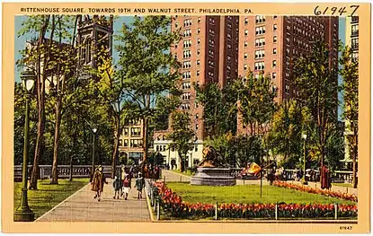 An old postcard of Rittenhouse Square looking towards 19th and Walnut Streets
