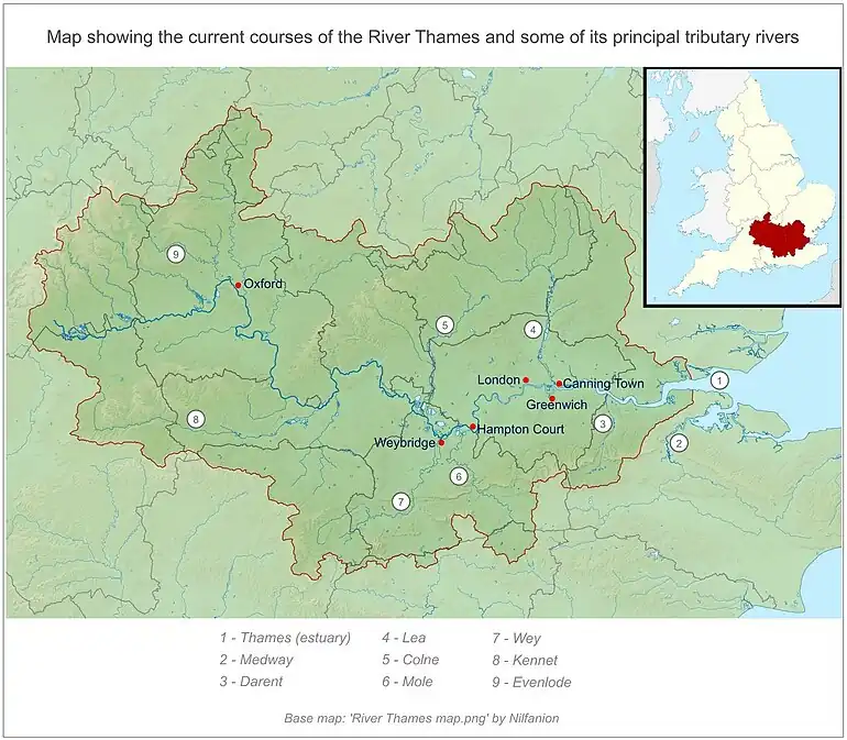 The current courses of the River Thames and tributaries.