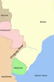 Map of western South America showing Bolivia in the northwest, Brazil in the north, Paraguay in the center, and Argentina and Uruguay in the southwest separated by the Uruguay River and the Río de la Plata