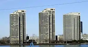 Riverfront Apartments & Condominiums, which have parkland between each building.