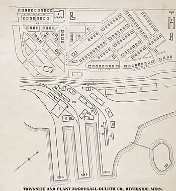 Map Riverside company town in 1918 and the shipyard of McDougall Duluth Shipbuilding