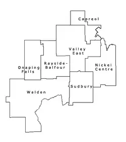 Municipal boundaries of the former Regional Municipality of Sudbury.