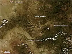 Roan Plateau, Colorado, NASA satellite image. On September 25, 2008, the Moderate Resolution Imaging Spectroradiometer (MODIS) on NASA’s Terra satellite captured this image of the region through nearly cloud-free skies.