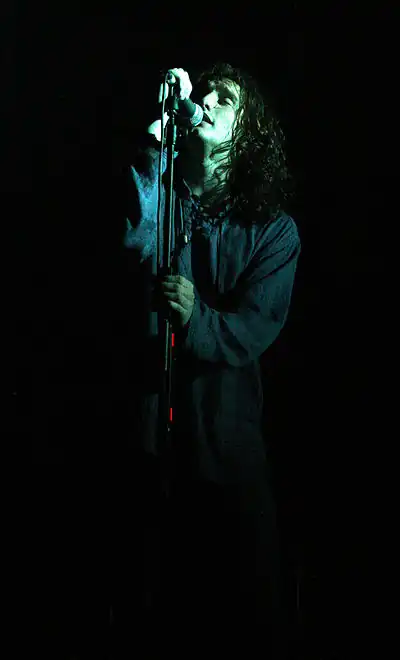 A man onstage singing into a microphone