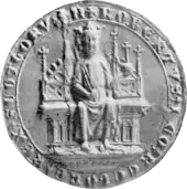 Black and white image of  mediaeval seal depicting a king seated upon a throne