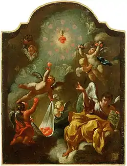 Allegorical painting of the Sacred Heart of Jesus. The central heart radiates hearts gathered up by Putti. By Robert la Longe, c. 1705.