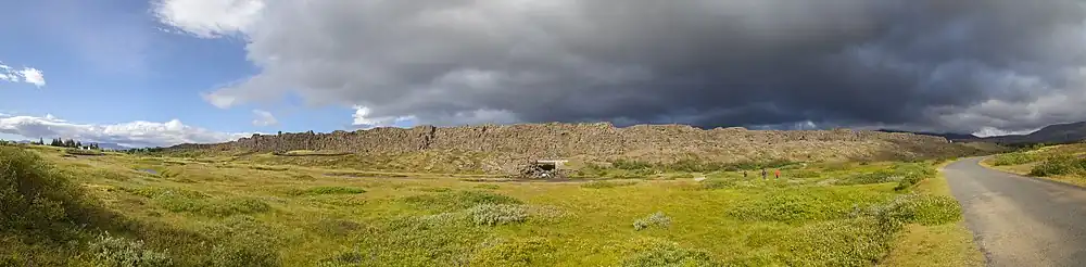 Panorama of Þingvellir in Summer from the opposite side showing the magnitude of the Rock of Law.