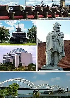Clockwise from top: Lock and Dam No. 15, statue of Black Hawk, Rock Island Centennial Bridge, Quad City Botanical Center, replica of a Fort Armstrong blockhouse