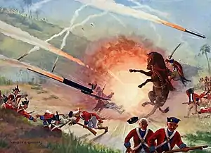 A painting showing the Mysorean army fighting the British forces with Mysorean rockets, which used metal cylinders to contain the combustion powder.