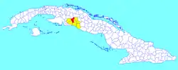 Rodas municipality (red) within  Cienfuegos Province (yellow) and Cuba