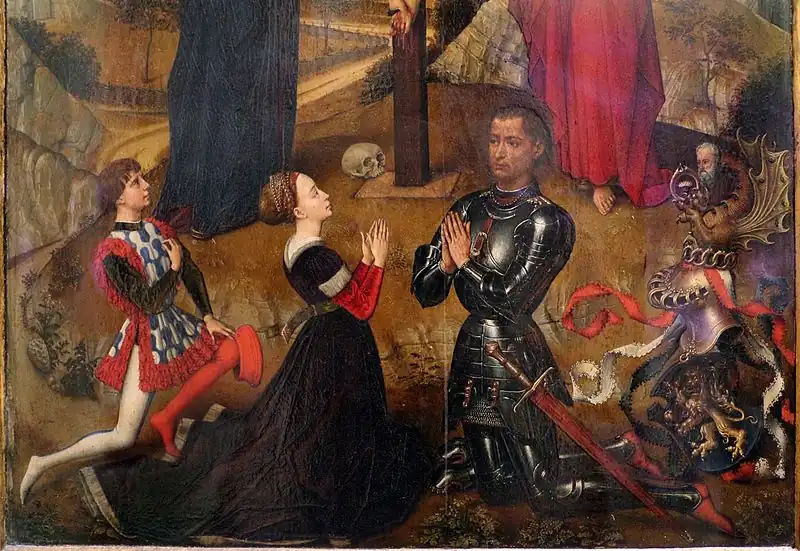 Painting of Alessandro Sforza in armor holding his hands together in prayer