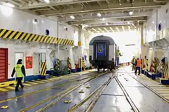 Interior of a roll-on roll-off train ferry in Villa San Giovanni, Italy