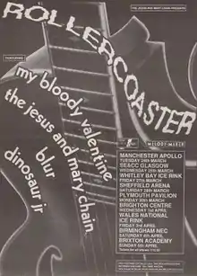 A monochrome image of the word "rollercoaster" in large warped text. Other text reads "Blur", "Dinosuar Jr", "My Bloody Valentine" and "The Jesus and Mary Chain". A logo for Melody Maker is seen in the top right corner.