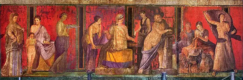 Mysteries Fresco; mid-1st century BC; fresco; height: 1.62 m; Villa of the Mysteries (Pompeii, Italy)