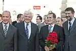 From left: Vittorio Brancati (mayor of Gorizia), Mirko Brulc (Mayor of Nova Gorica), Romano Prodi (member of the European Commission) and Dragan Valencic (mayor of Šempeter-Vrtojba); during the ceremony of the fall of the border (2004)