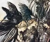 Dimitra Fimi compares Gondor's bird-winged helmet-crown to the romanticised headgear of the Valkyries. Illustration for The Rhinegold and the Valkyrie by Arthur Rackham, 1910