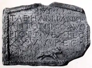 RIB 2199. Distance Slab of the Twentieth Legion Valeria Victrix George MacDonald calls in no. 13 in the 2nd edition of his book The Roman Wall in Scotland. It may have been a "waster" and lacks distance data. It has been scanned and a video produced.