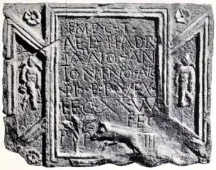 RIB 2198. Distance Slab of the Twentieth Legion It was found near Cleddans. George MacDonald calls in no. 10 in the 2nd edition of his book The Roman Wall in Scotland. It was destroyed in the Great Chicago Fire.