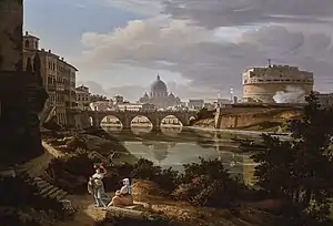 View of the river Tiber looking south with the Castel Sant'Angelo and Saint Peter's Basilica beyond, Rudolf Wiegmann 1834