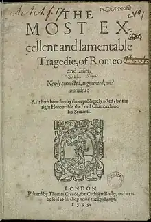Image of title page of 1599 printed edition of Shakespeare's Romeo and Juliet